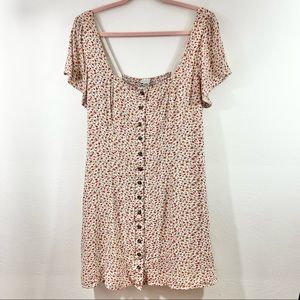 AMERICAN EAGLE Beige Microfloral Button Front Lined Short Sleeve Sundress Large